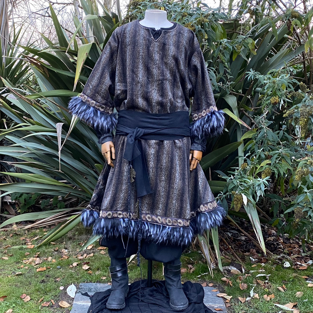 Arcane shaman LARP outfit with tunic, hood, and sash in dark colors.