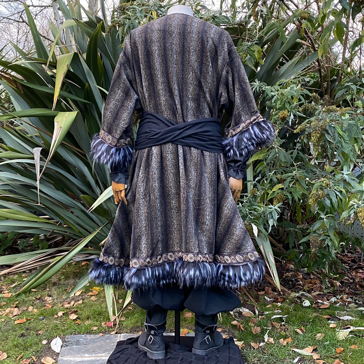Arcane Shaman LARP outfit set with grey tunic, hood, and sash, back view.