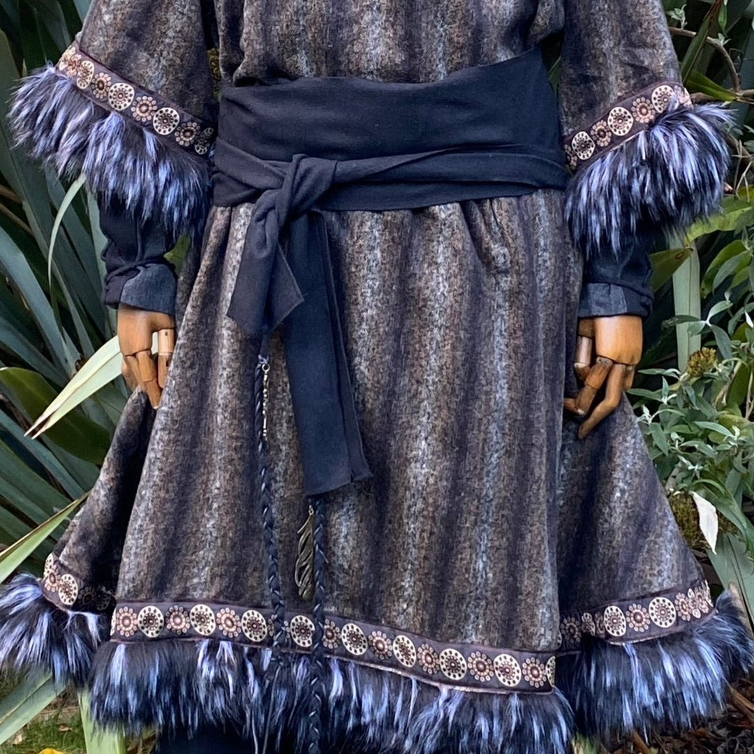 Grey and black LARP tunic with sash, fur trim, and decorative patterns.
