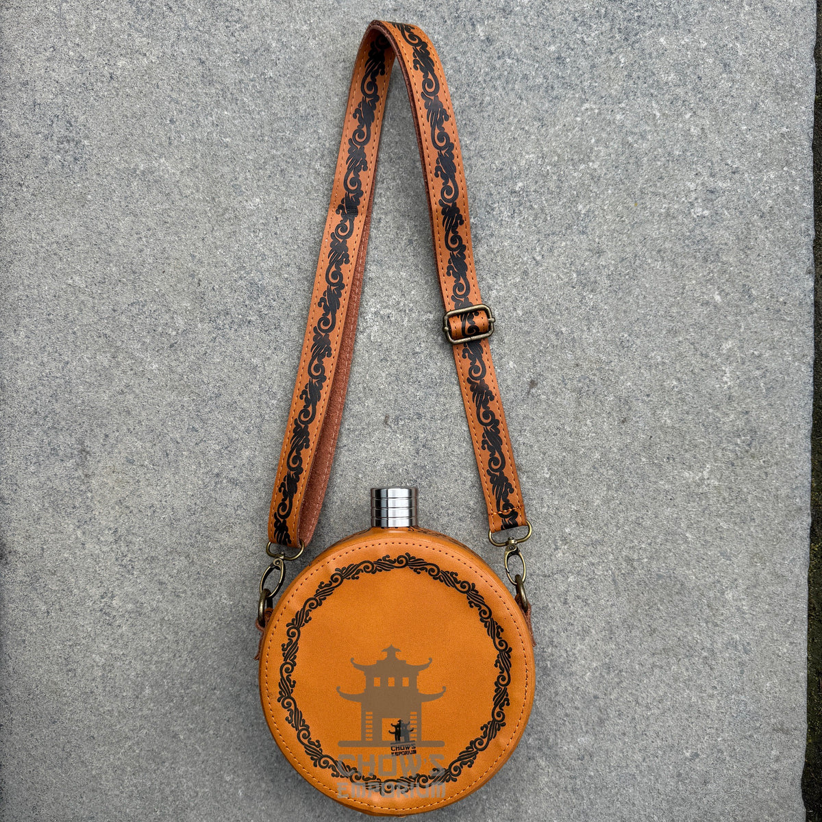 Decorative 42oz Leather Hip Flask with Shoulder Strap