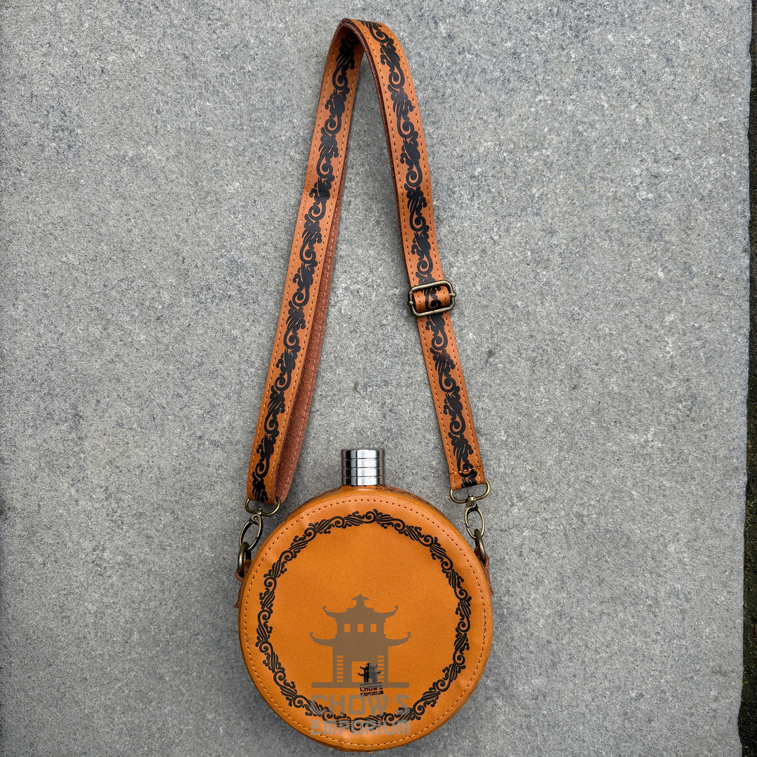 Decorative 42oz Leather Hip Flask with Shoulder Strap