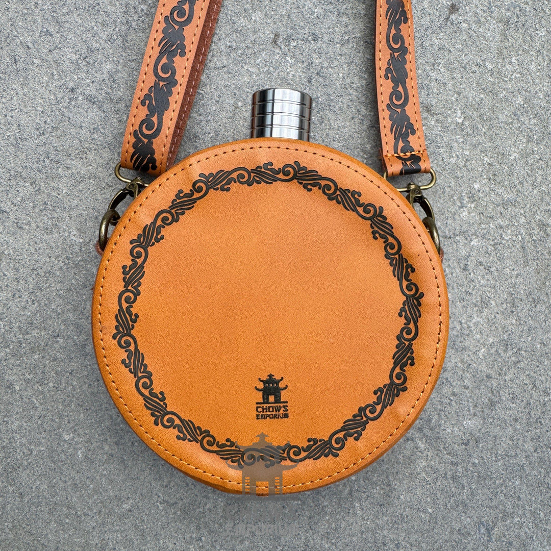 Decorative 42oz Leather Hip Flask with Shoulder Strap