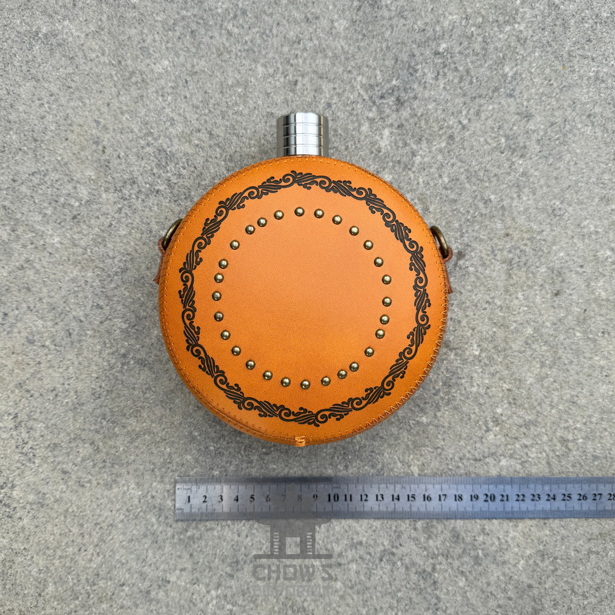 Decorative 42oz Leather Hip Flask with Shoulder Strap