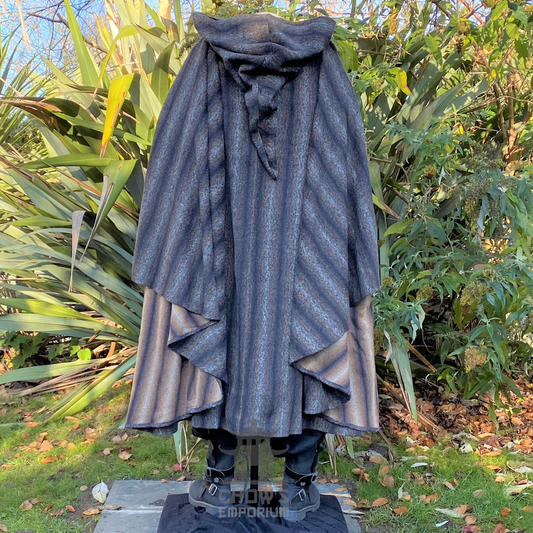 Dark grey striped medieval LARP cloak with hood, back view.