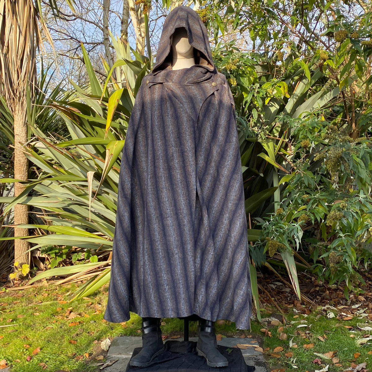 Hooded closed blue and grey striped wool cloak, medieval fantasy LARP costume for wizards.