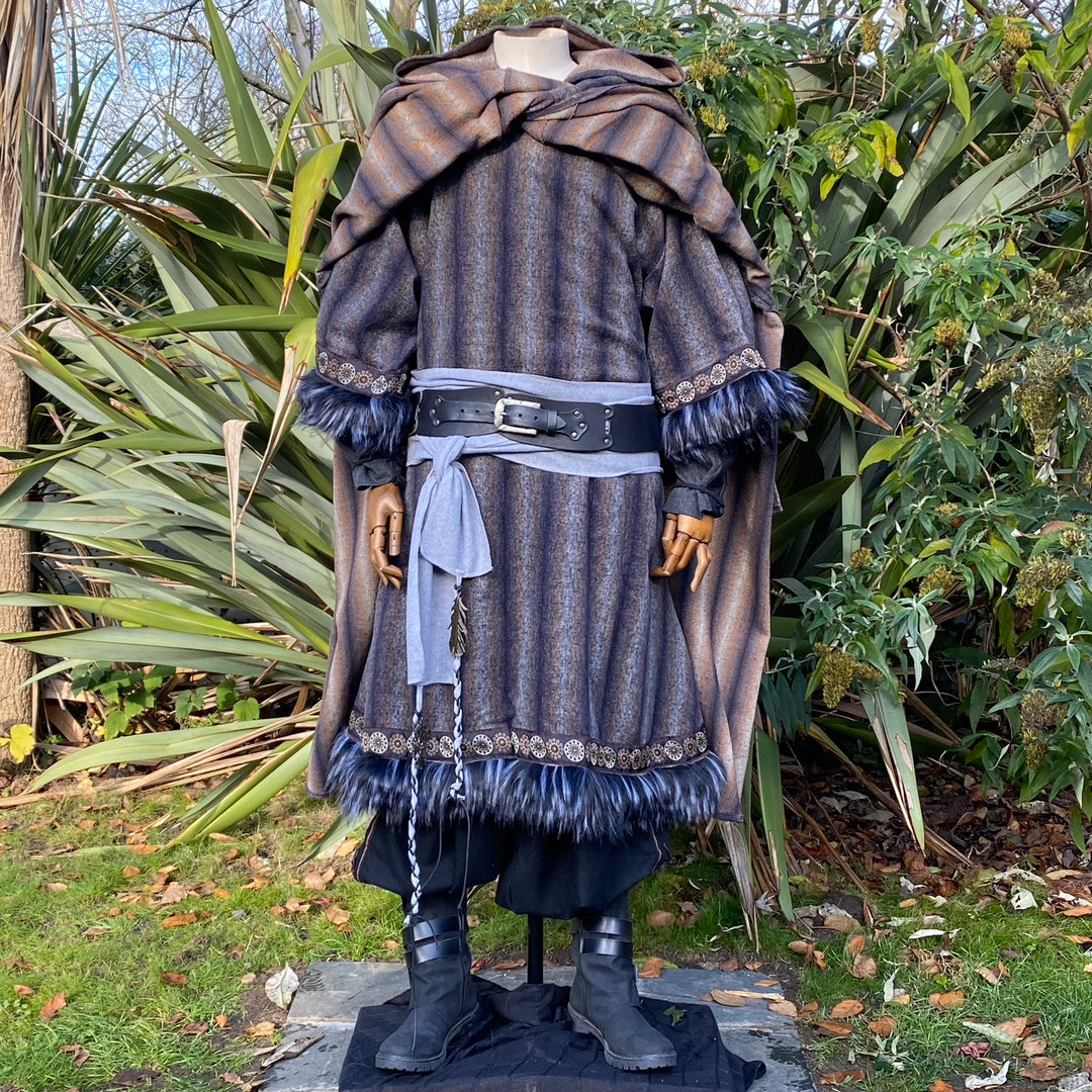 Open Front view of blue and grey striped wool LARP cloak with hood, medieval fantasy cosplay.