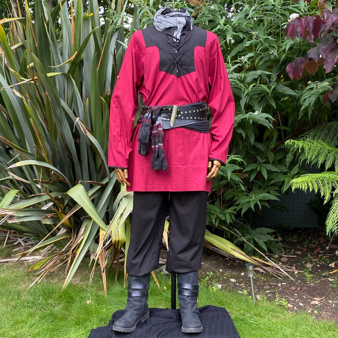 Red black medieval tunic featured on mannequin.