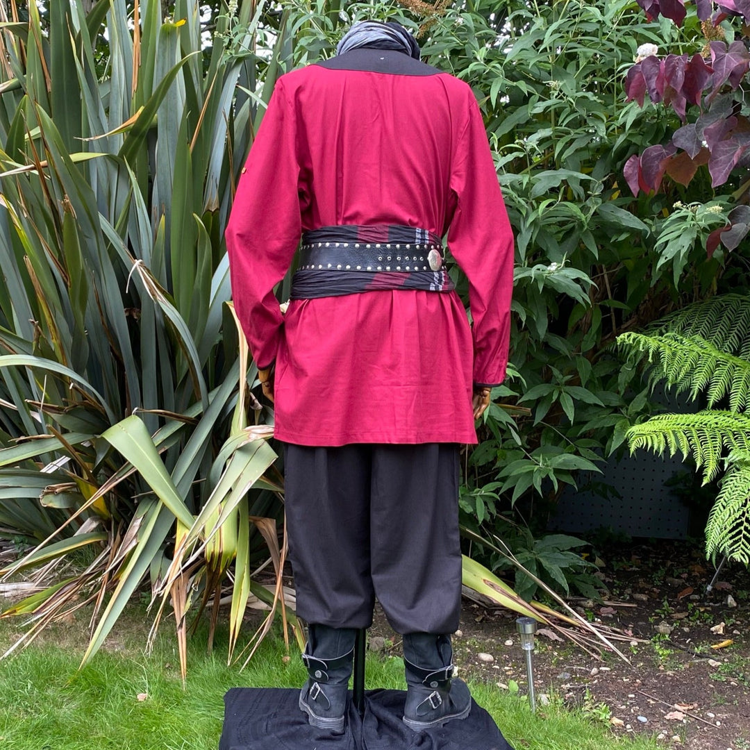 Back view of red medieval LARP outfit, belt and black pants.