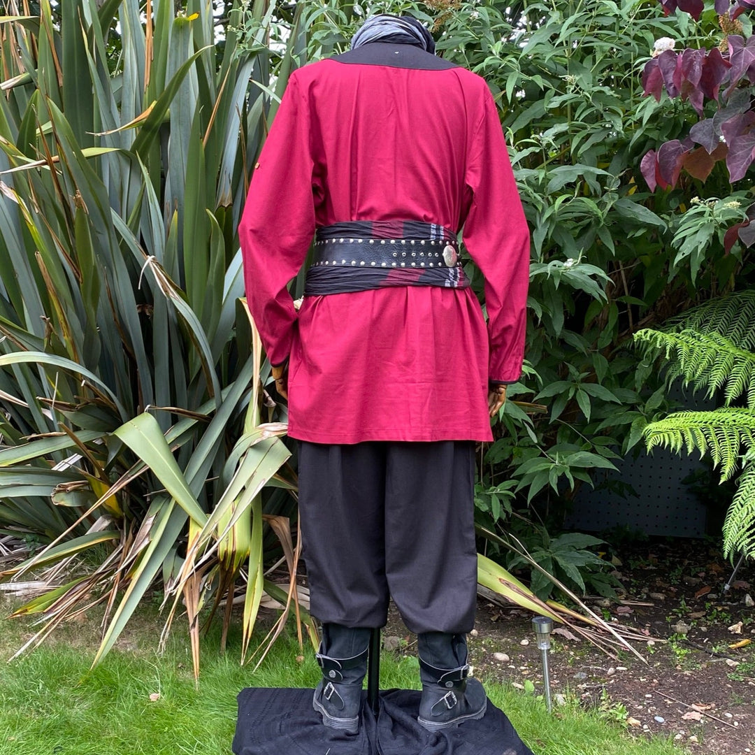 Back view of red shirt with black belt in a medieval LARP.