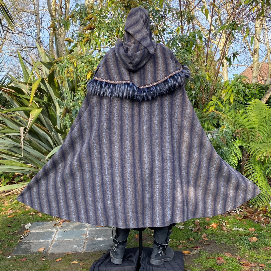 Full-width brown and black striped LARP cloak, hooded medieval fantasy cosplay costume for.