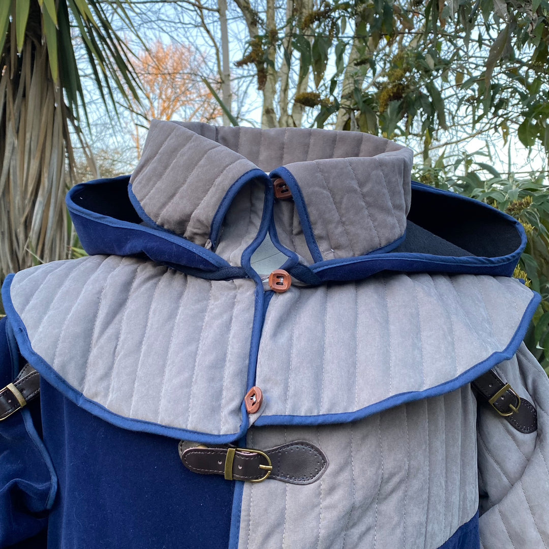 Azure and grey LARP set with gambeson jacket and hood, front view.