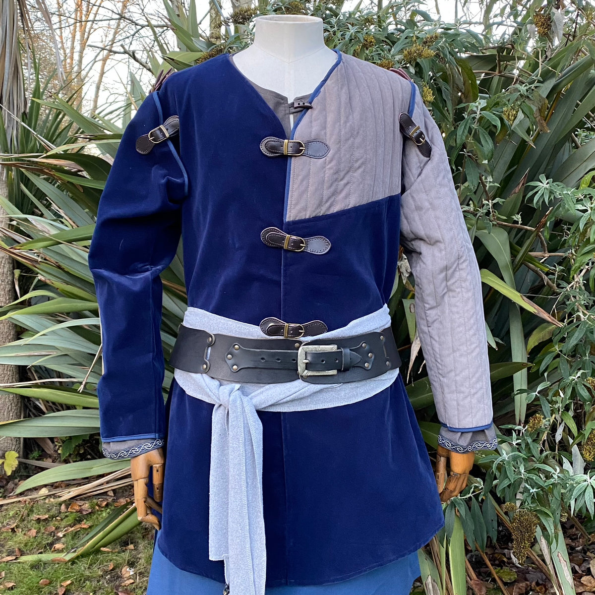 Azure and grey LARP medieval gambeson and hood, front view, buckled velvet.