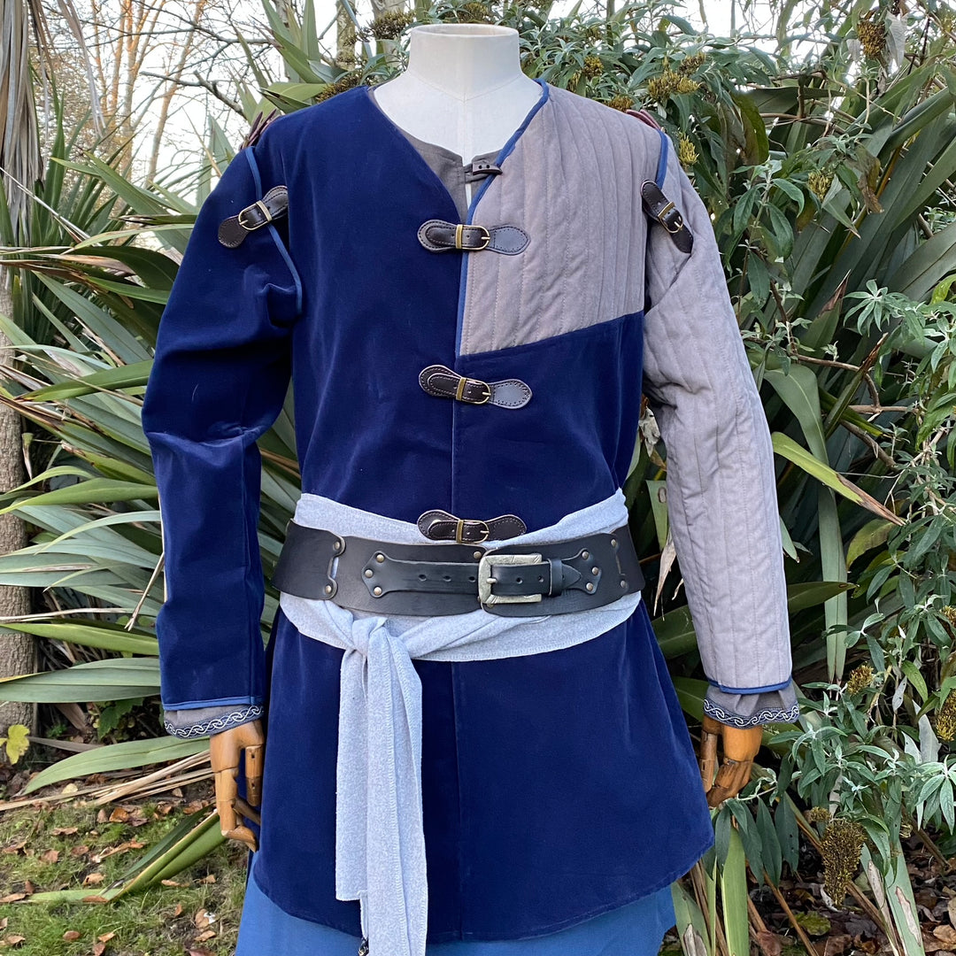 Azure and grey LARP medieval gambeson and hood, front view, buckled velvet.