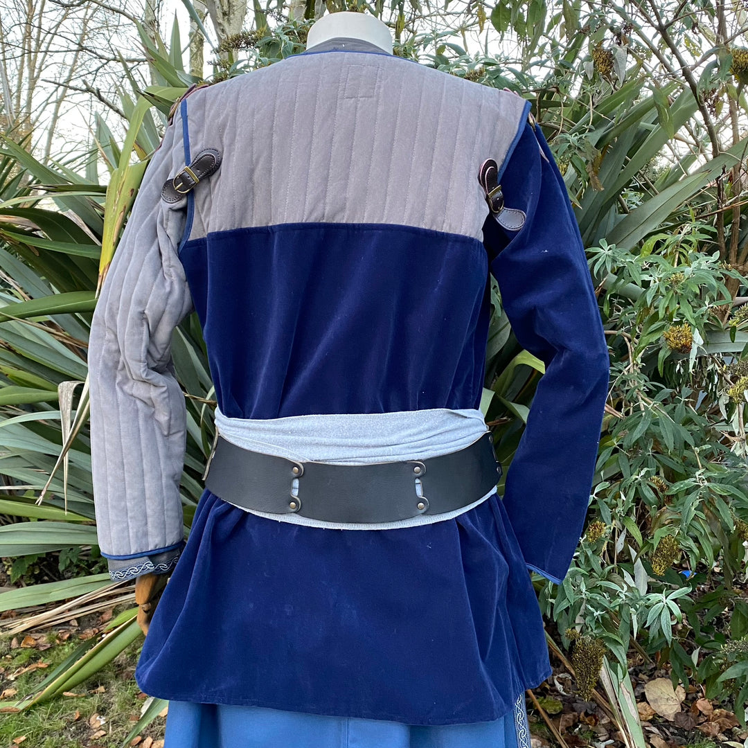 Azure and grey LARP jacket back with belt and quilted sleeves.