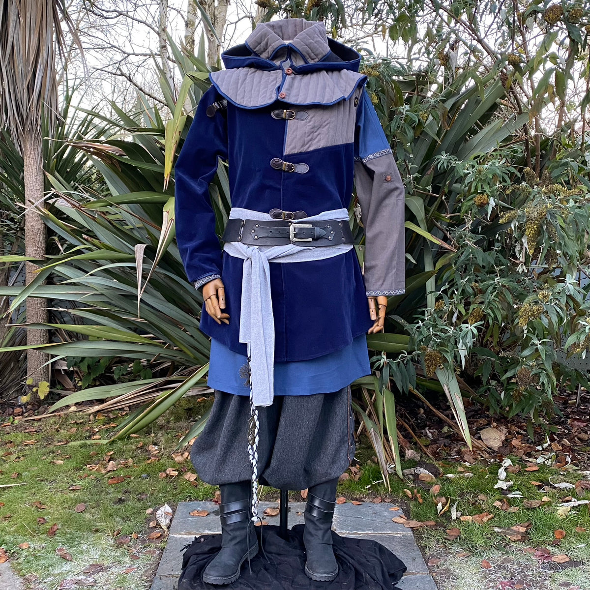 Azure Warrior LARP set with blue and grey jacket, hood, and tunic.