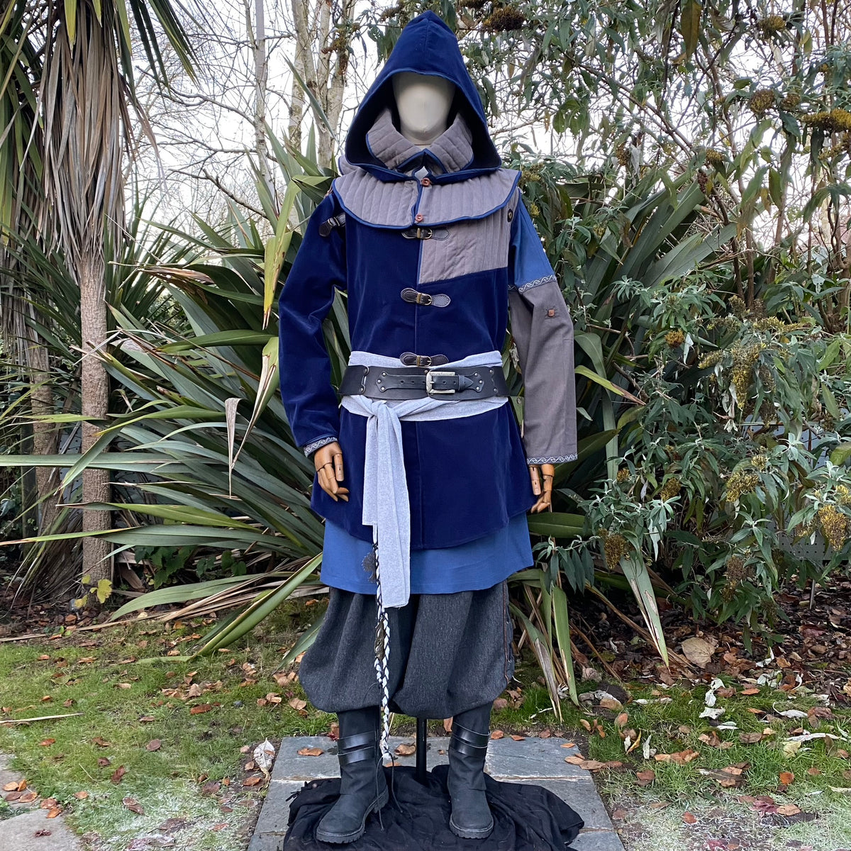 Azure Warrior LARP set with hooded jacket, tunic, and pants in lush.