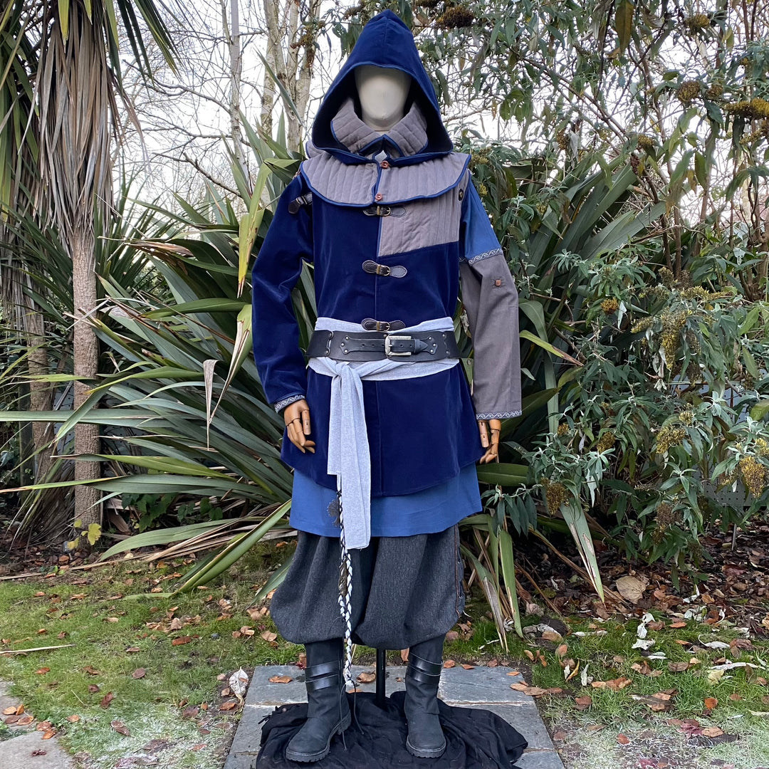 Azure Warrior LARP set with hooded jacket, tunic, and pants in lush.