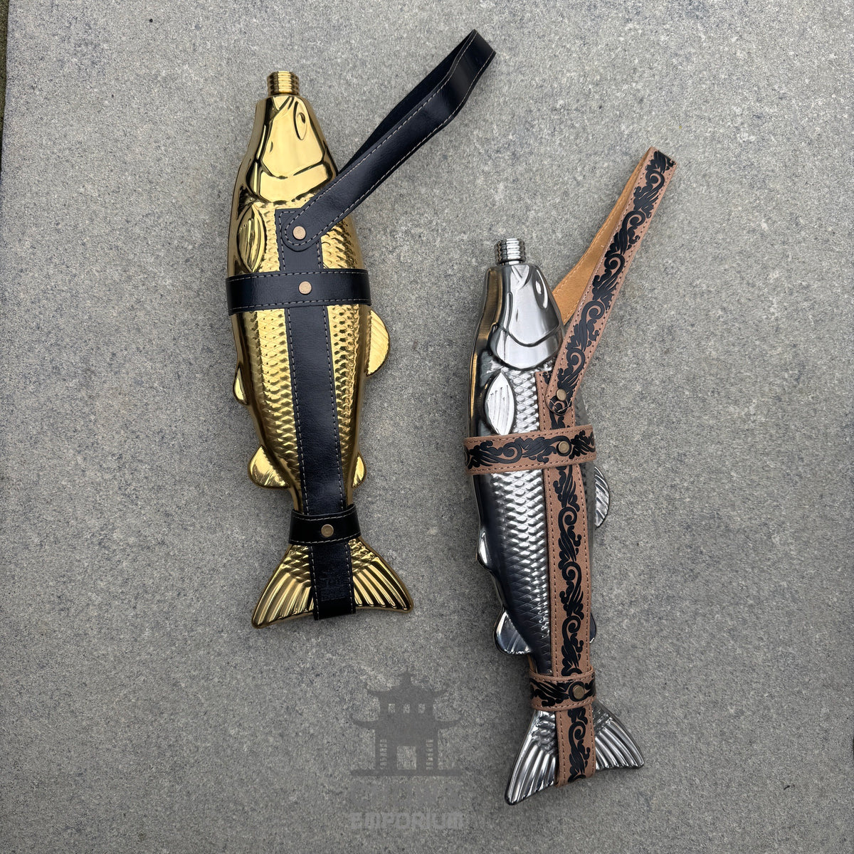 Fish-Shape 18oz Hip Flask with Belt Holder (Gold and Black)