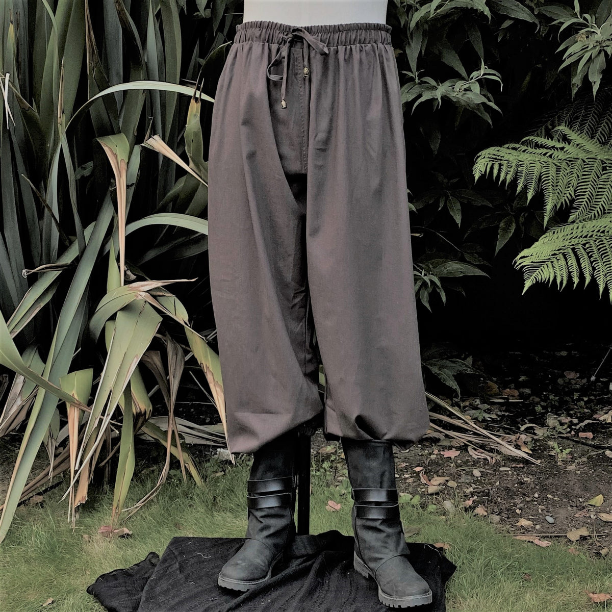 Grey hero pants with drawstring, boots visible; for LARP.