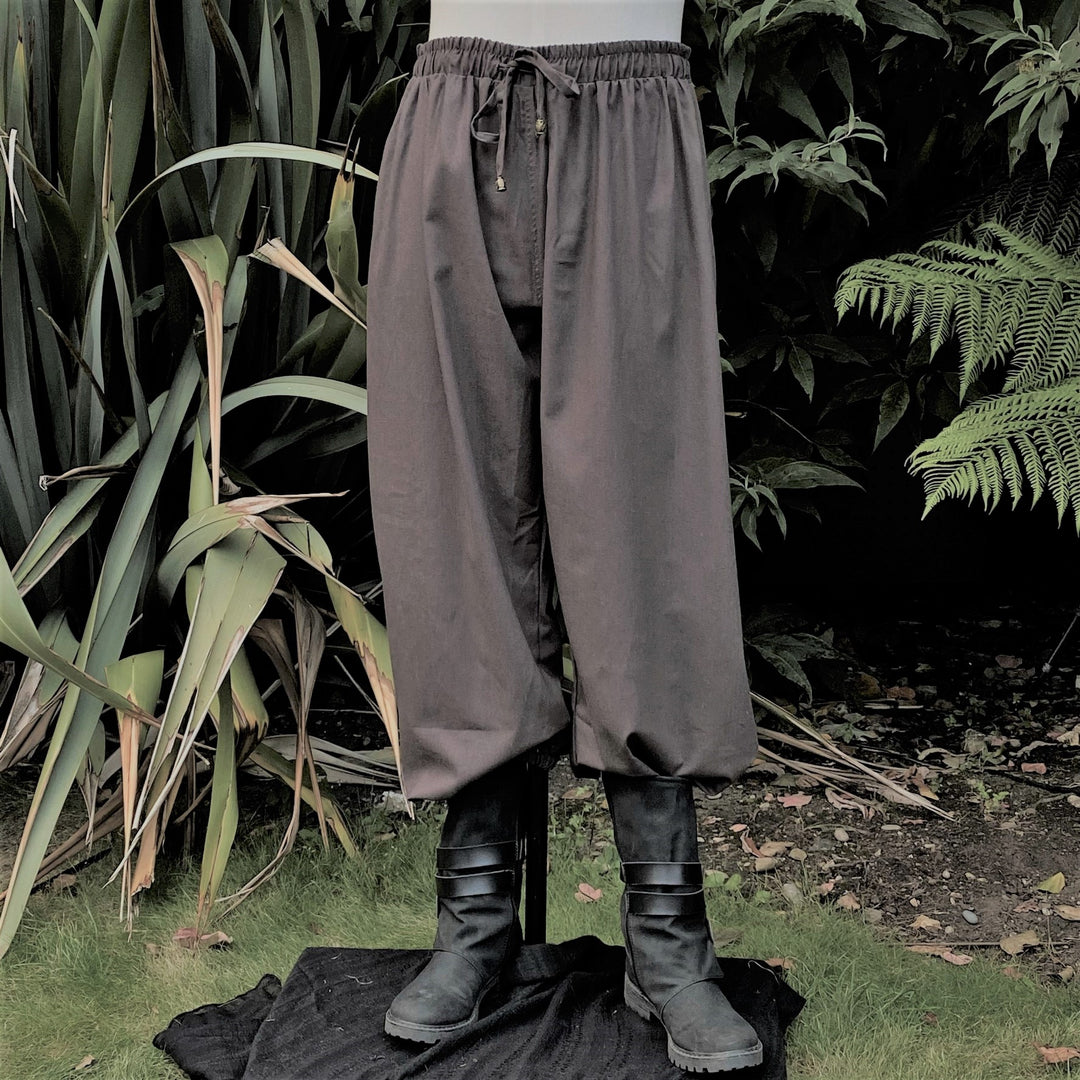 Grey hero pants with drawstring, boots visible; for LARP.