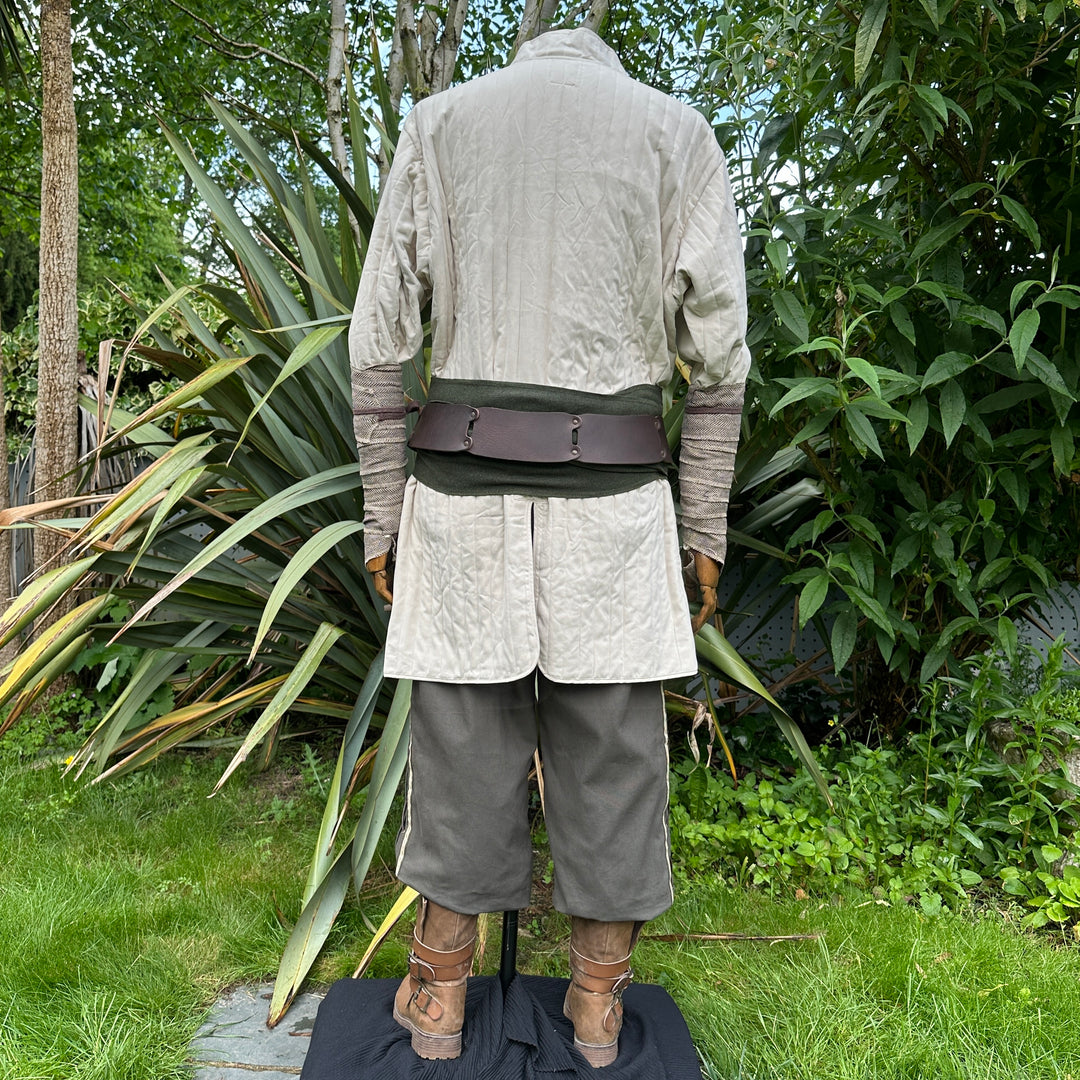 White cotton gambeson from the back, ideal for medieval LARP events.