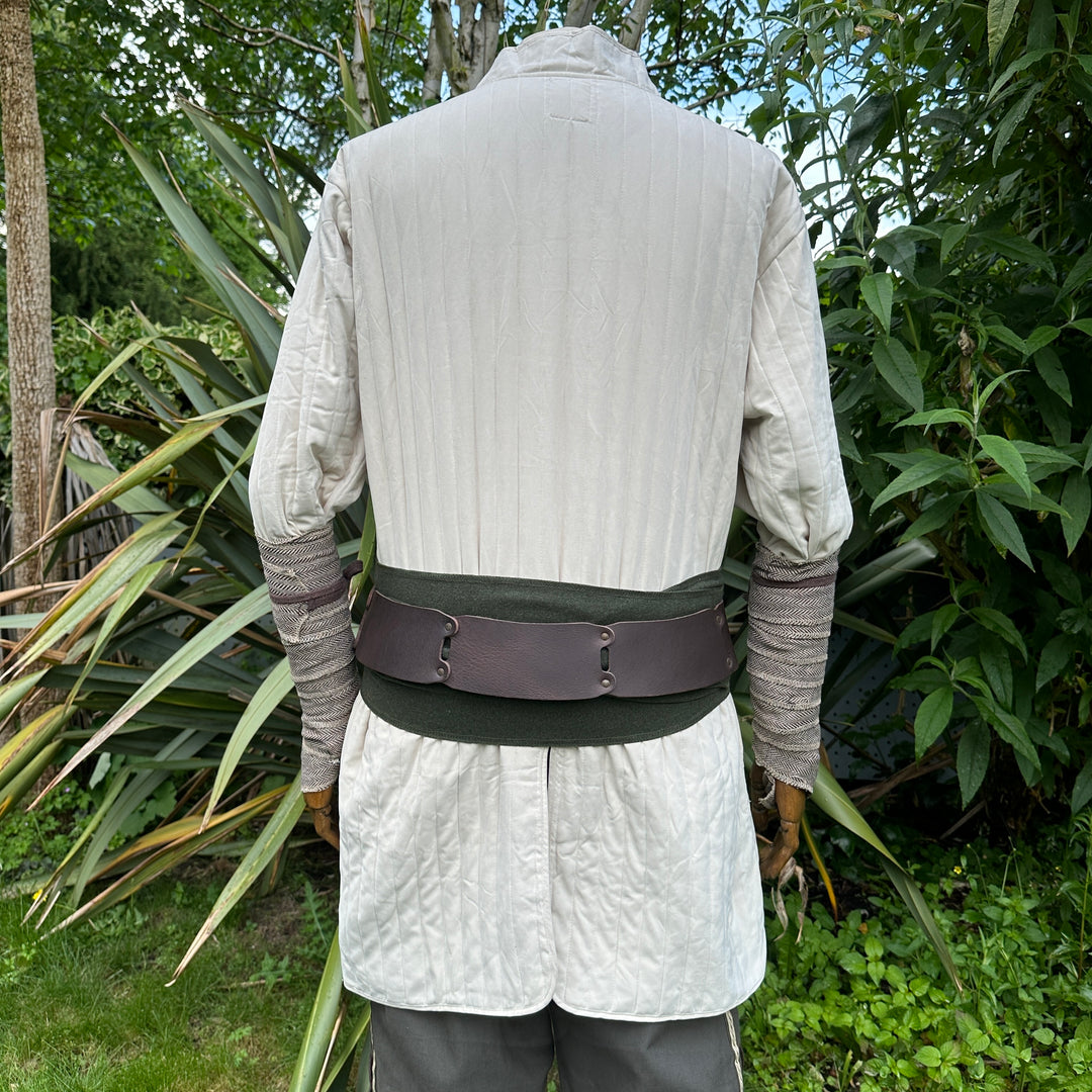 White cotton medieval gambeson from back, quilted fabric, LARP suitable.