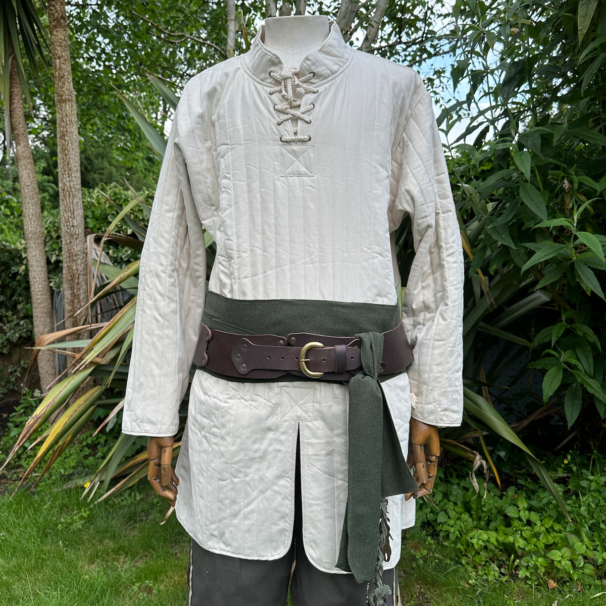 White cotton gambeson with lacing, front view, ideal for medieval LARP.