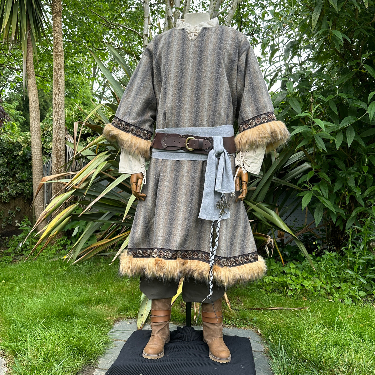 fur-trim barbarian tunic in brown and grey for medieval cosplay.