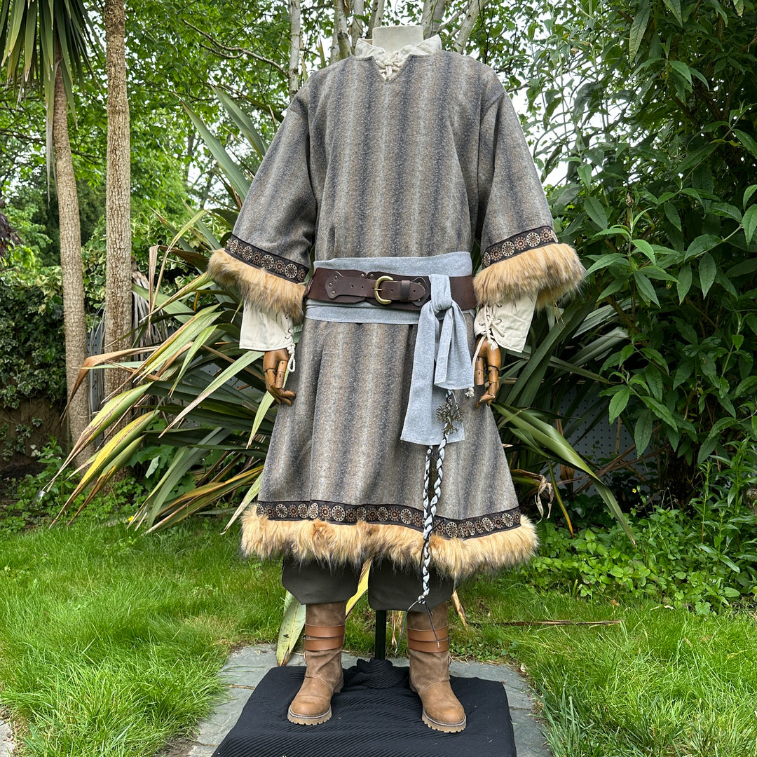 fur-trim barbarian tunic in brown and grey for medieval cosplay.