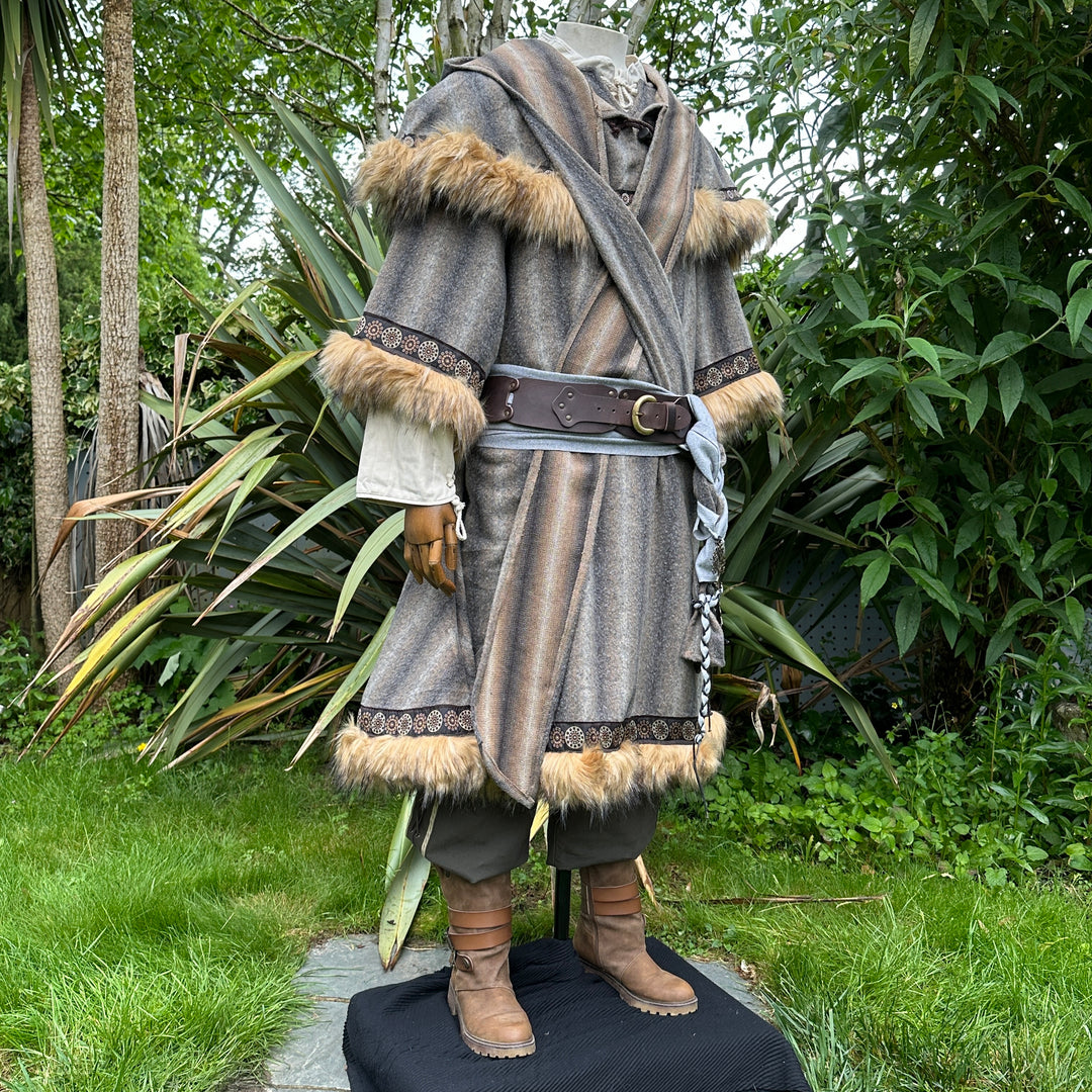 Brown and grey mohair tunic with fur trim, LARP medieval style, frontal view.