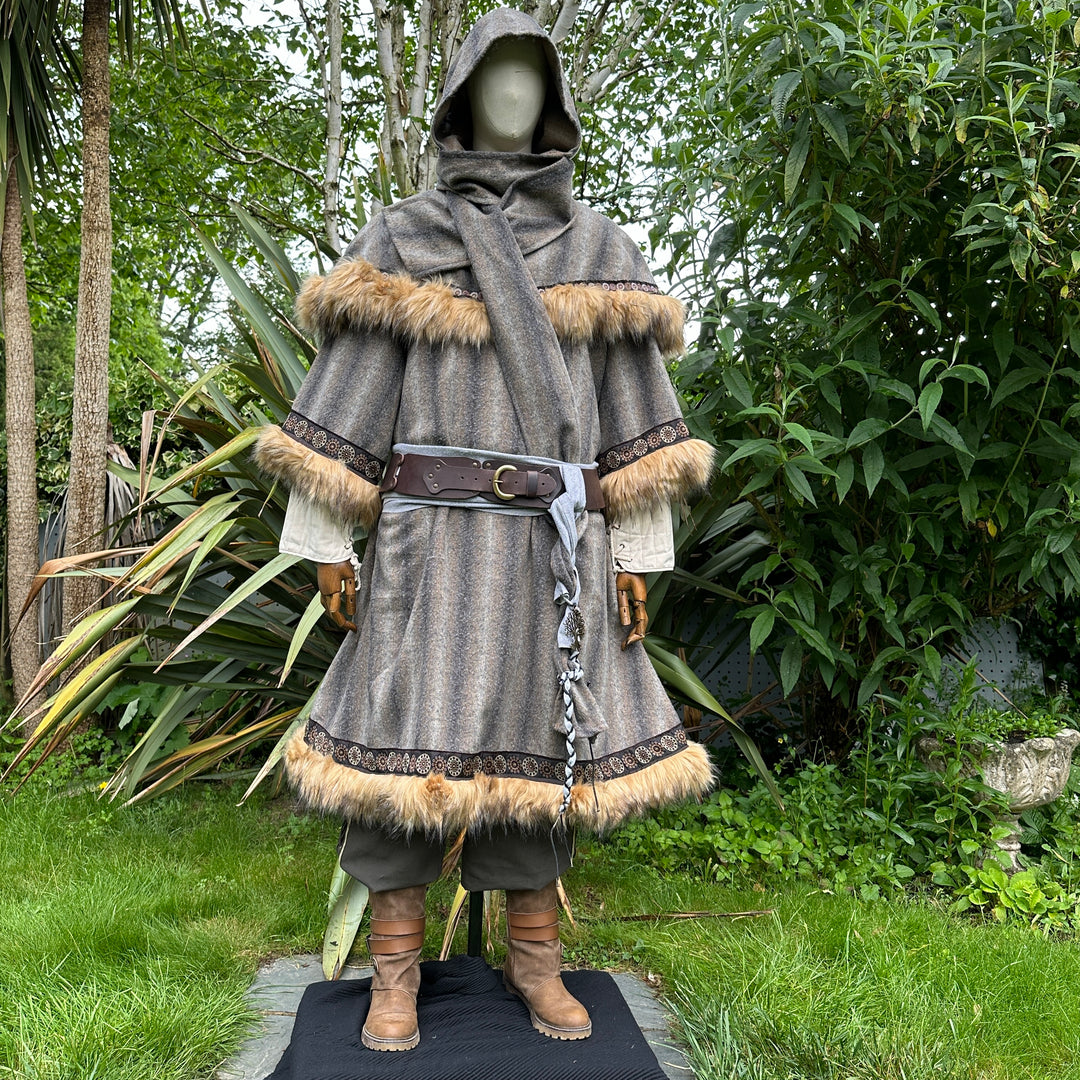 Brown and grey medieval LARP tunic set with hood and sash, front view.
