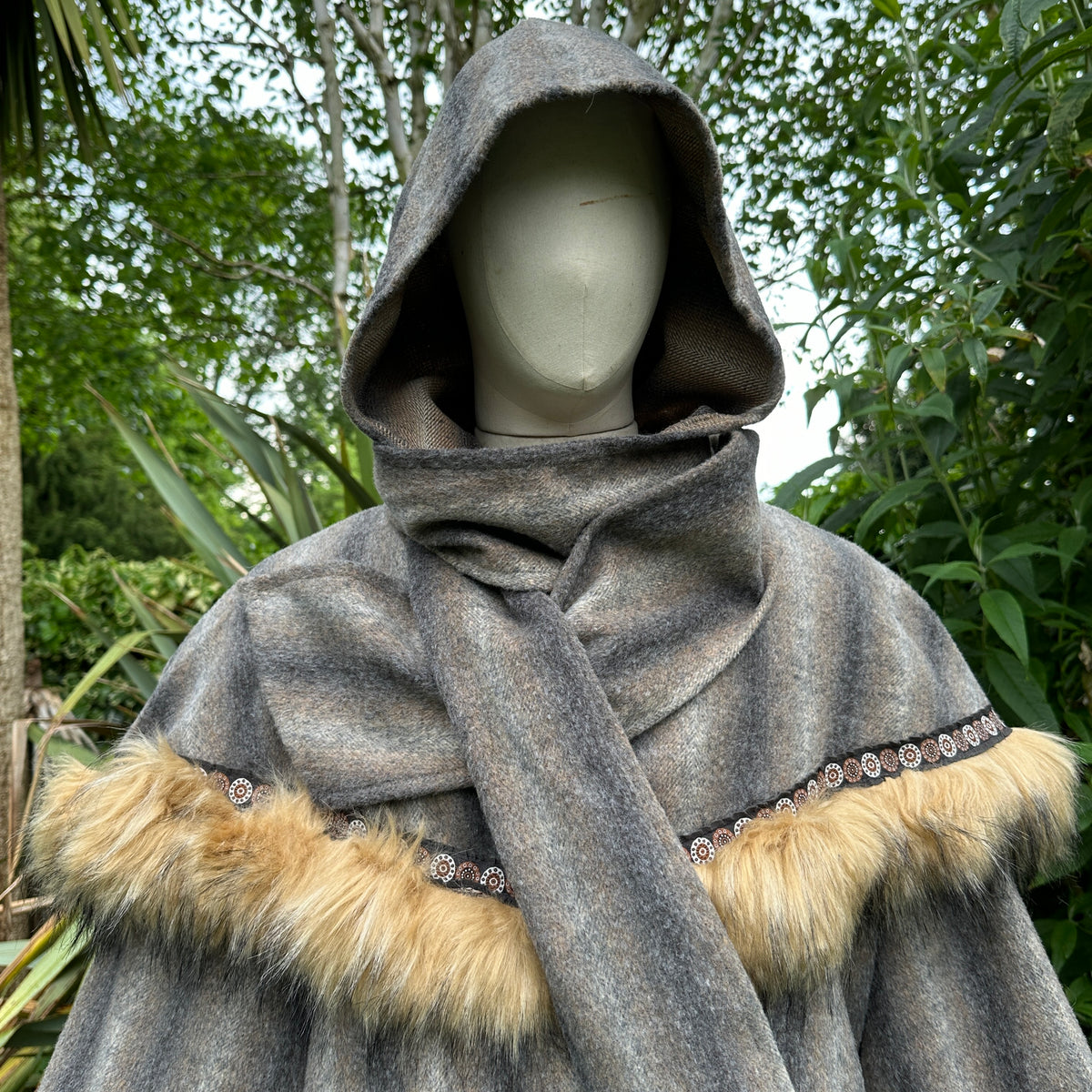 LARP outfit with grey mohair tunic, hood, and sash, fur trim detail.