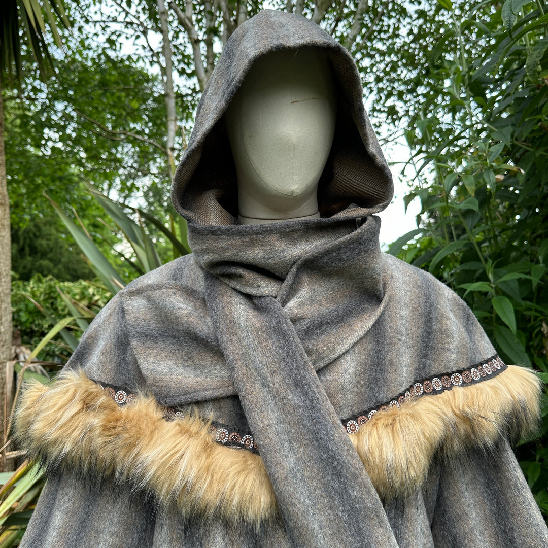 LARP outfit with grey mohair tunic, hood, and sash, fur trim detail.
