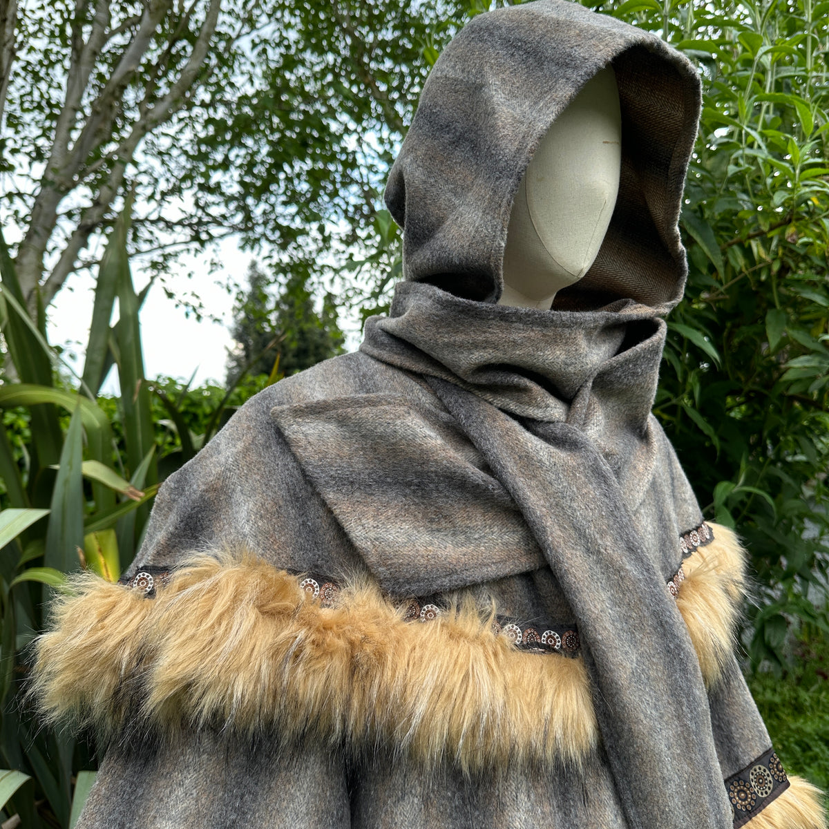 LARP medieval outfit with brown and grey mohair tunic and hood, side view.