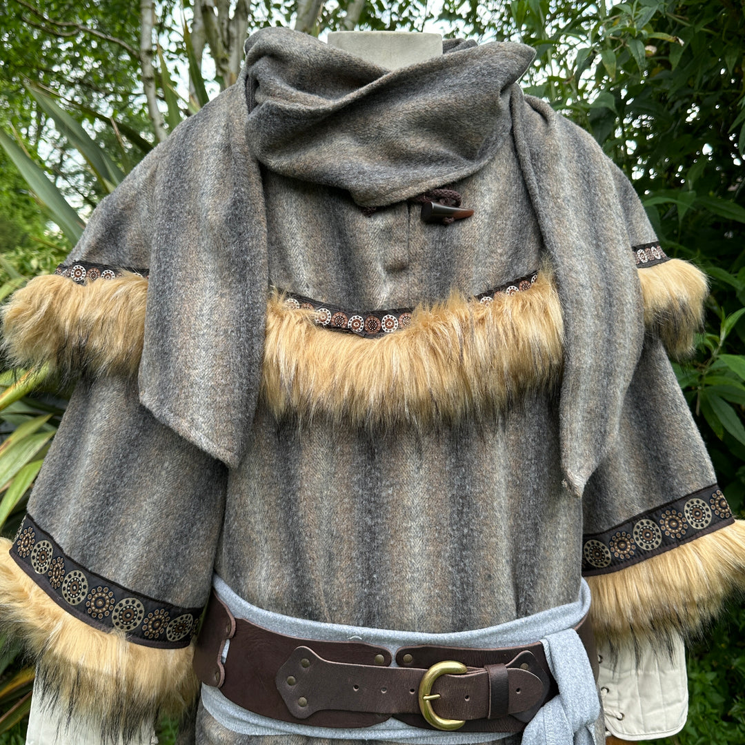 Brown and grey mohair tunic, hood, and sash with fur and embroidery, medieval style.