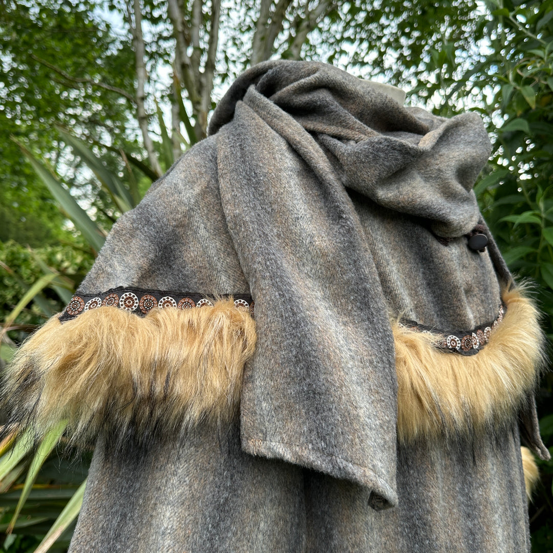 Brown grey hood close-up with trim detail for medieval LARP costume.