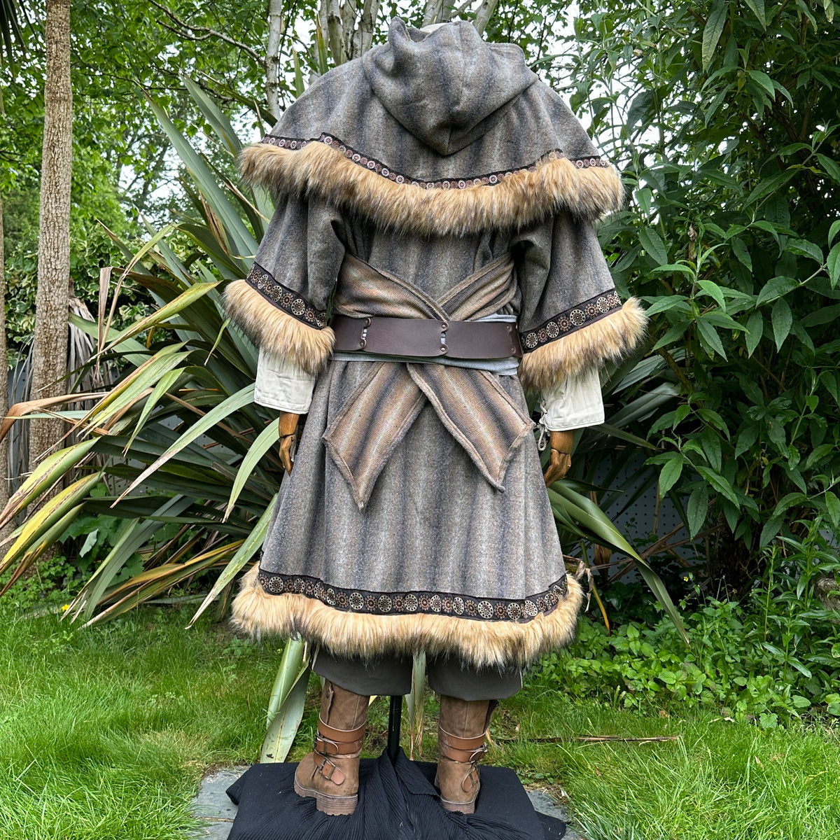 Brown and grey medieval LARP outfit with hood, sash, and fur trim, rear view.