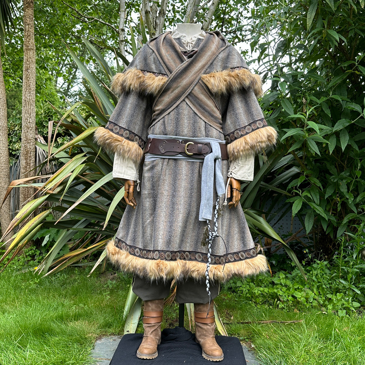Brown and grey LARP mohair tunic with hood and sash, front view.