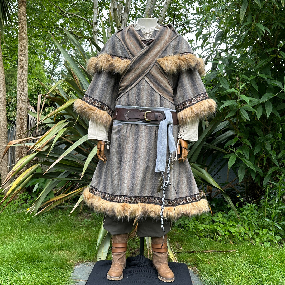 Brown and grey LARP mohair tunic with hood and sash, front view.