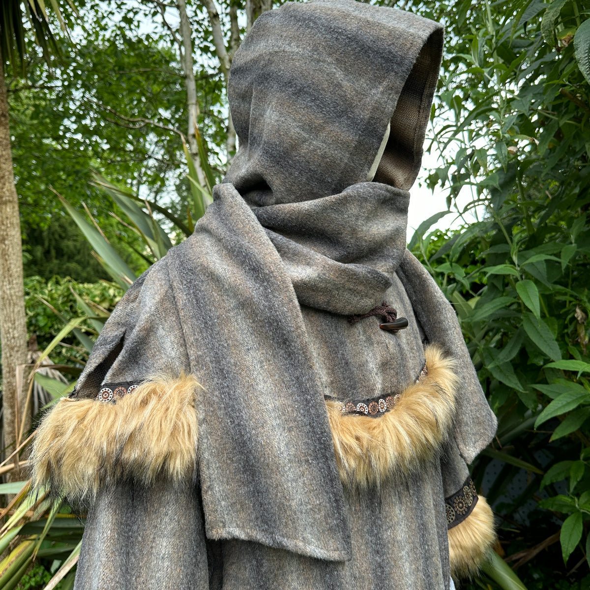 Brown and grey mohair tunic with fur trim, hood, and sash for LARP.