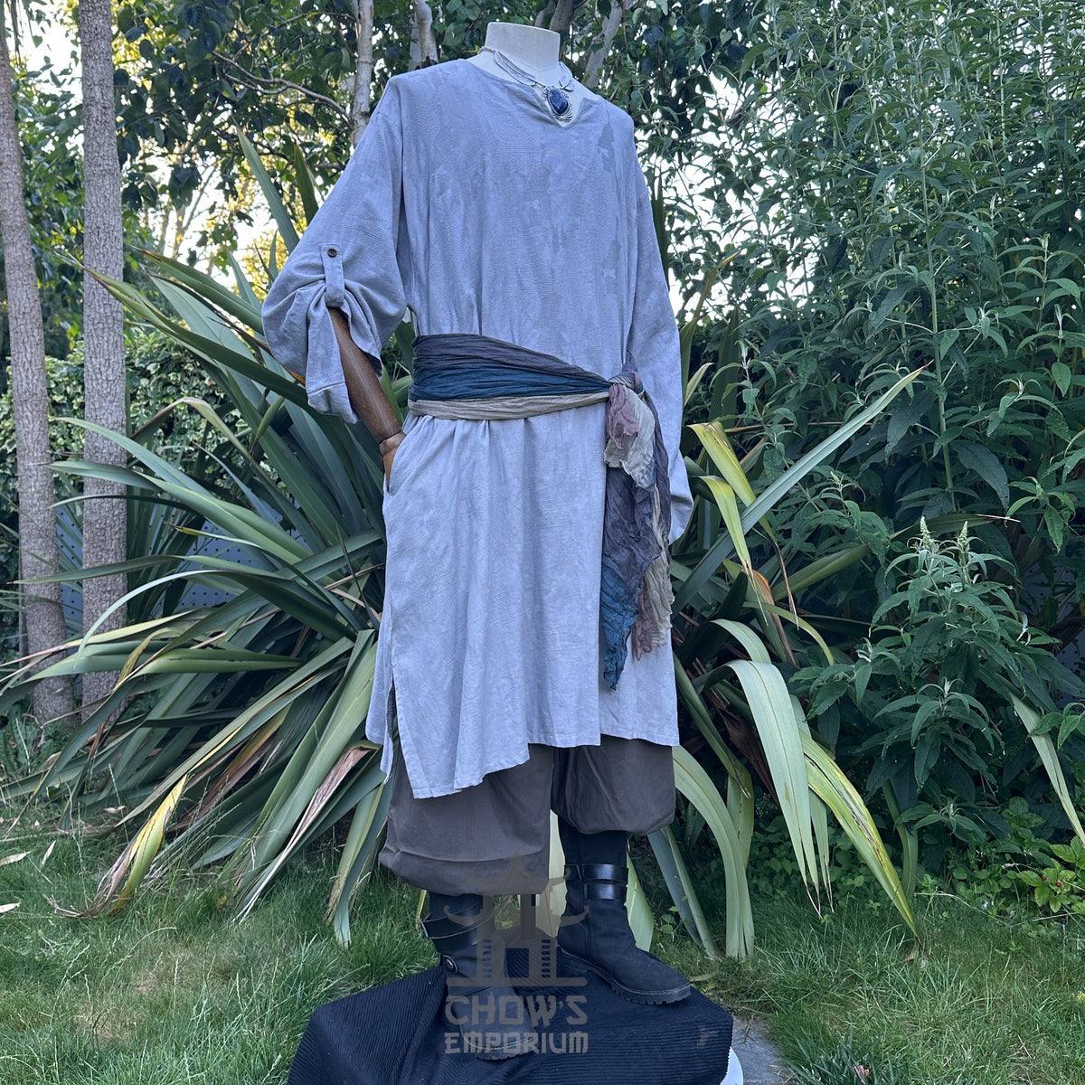 Grey textured cotton medieval tunic, front view.