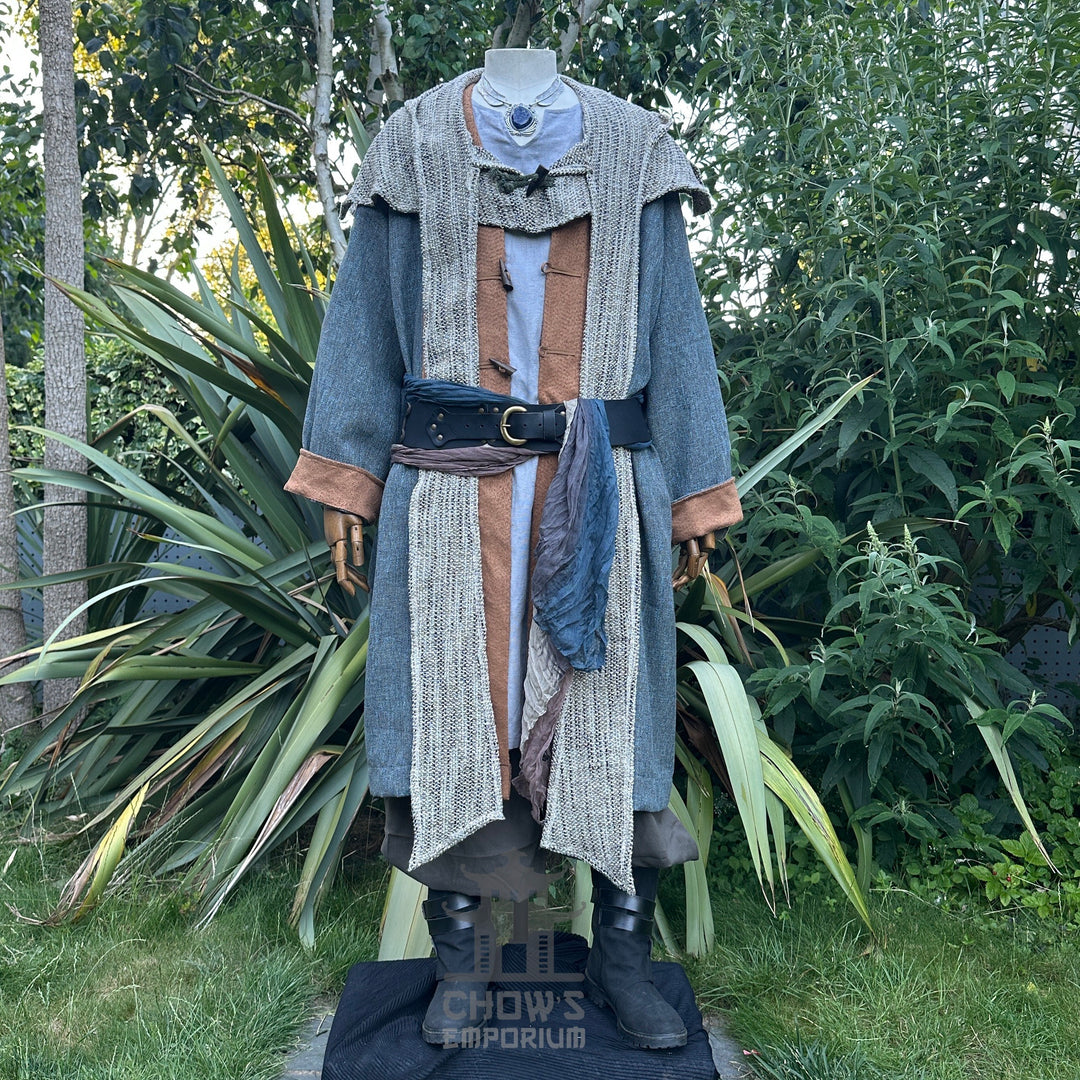 Medieval LARP robe set with layered tunic, textured hood, and.