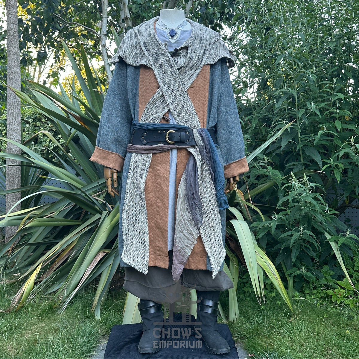 Blue and brown LARP robe with hood, sash, necklace.
