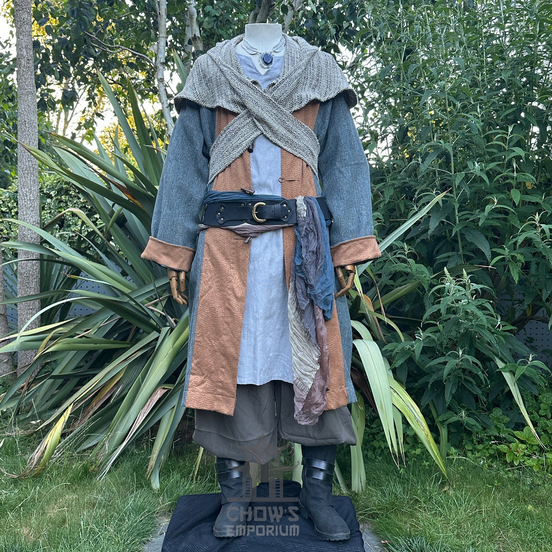 Medieval LARP outfit with layered wrap, front display amid.