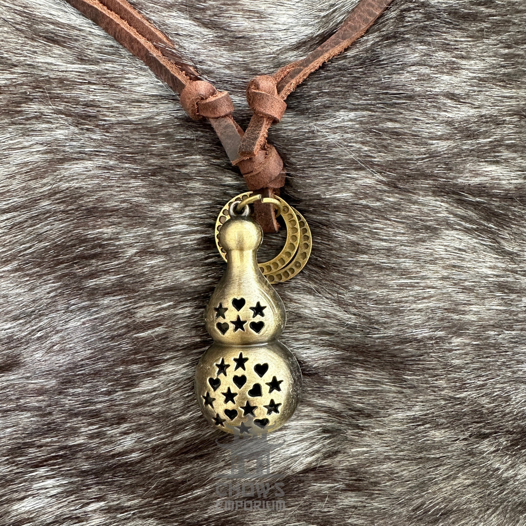 Bronze gourd pendant necklace with stars on brown cord for LARP.