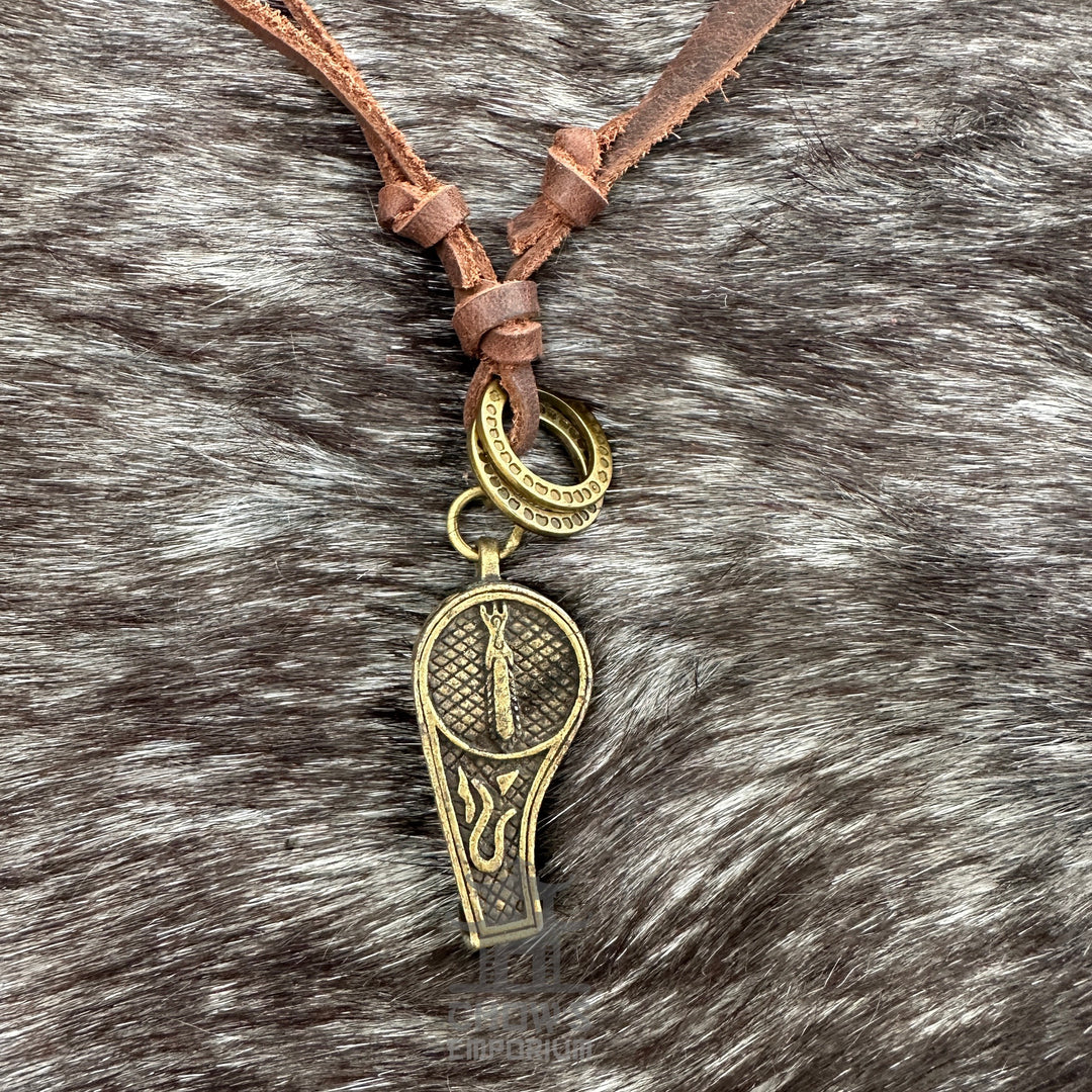 Bronze medieval whistle necklace on leather cord.