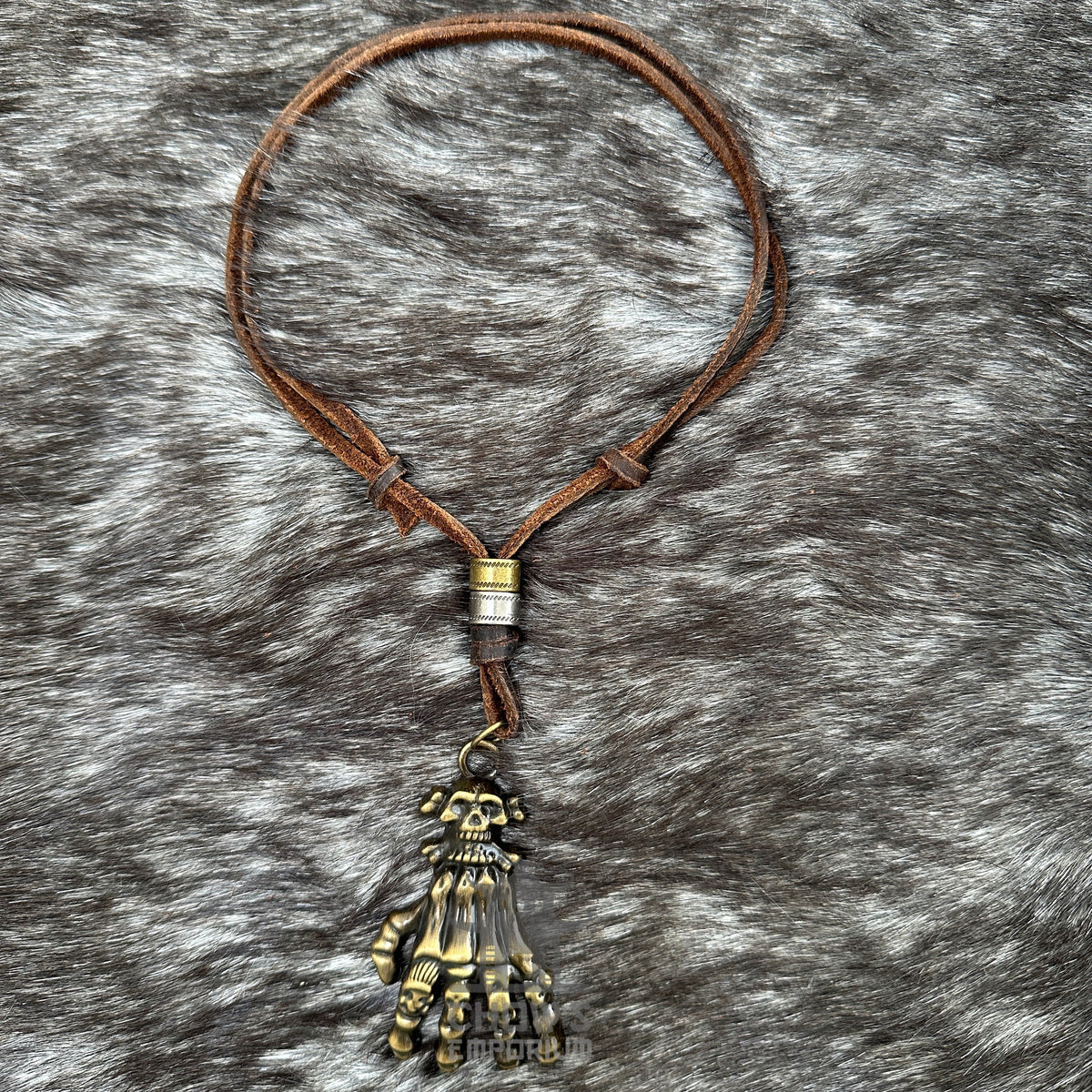 Bronze pirate claw pendant on brown leather cord for LARP.