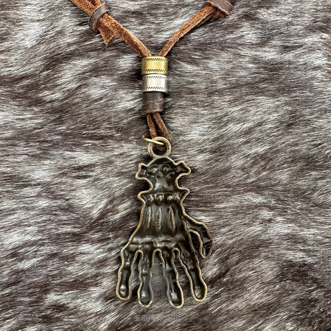 Pirate claw necklace with rustic bronze pendant on brown leather cord, LARP accessory.