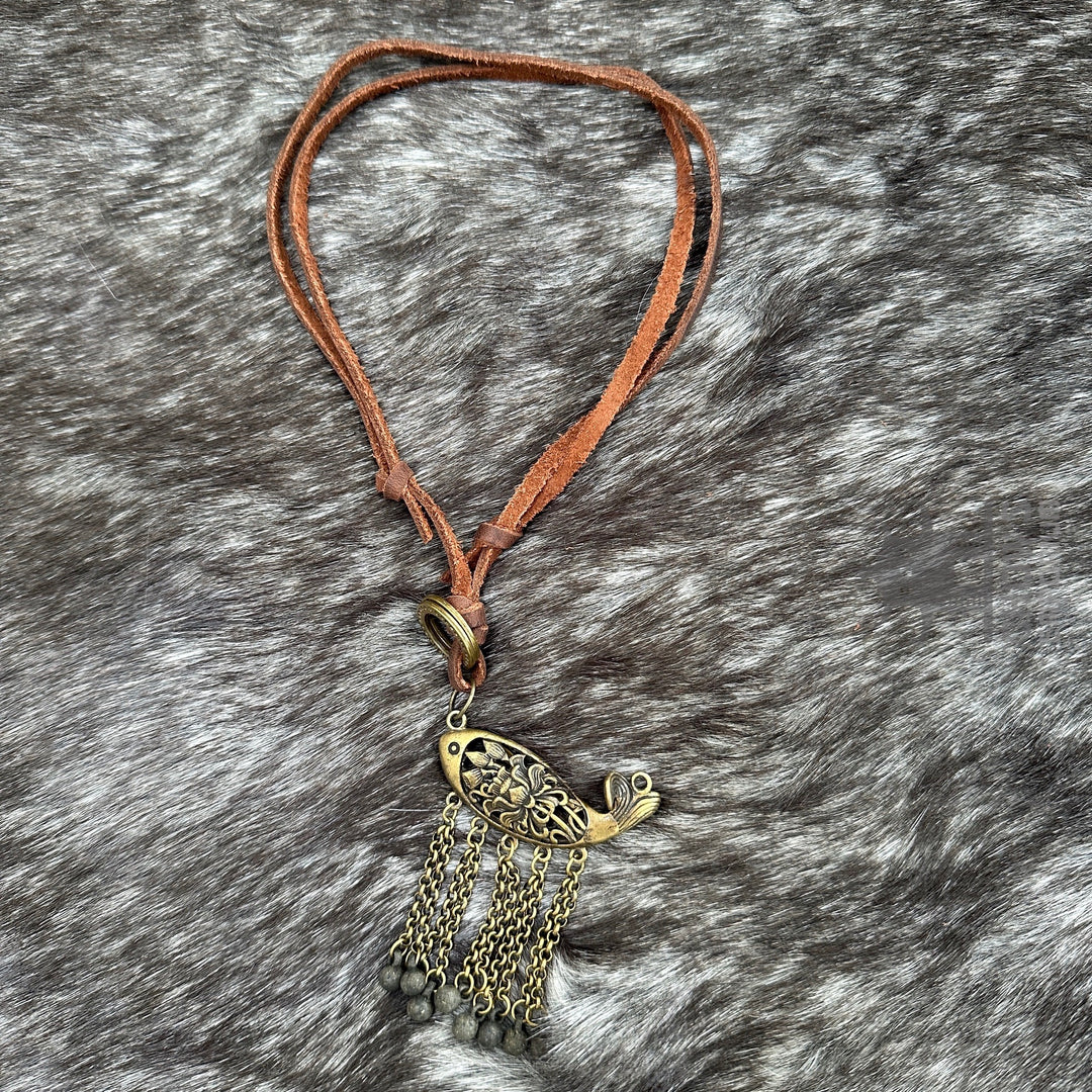 Bronze fish pendant with chain tassels on brown leather cord for LARP.