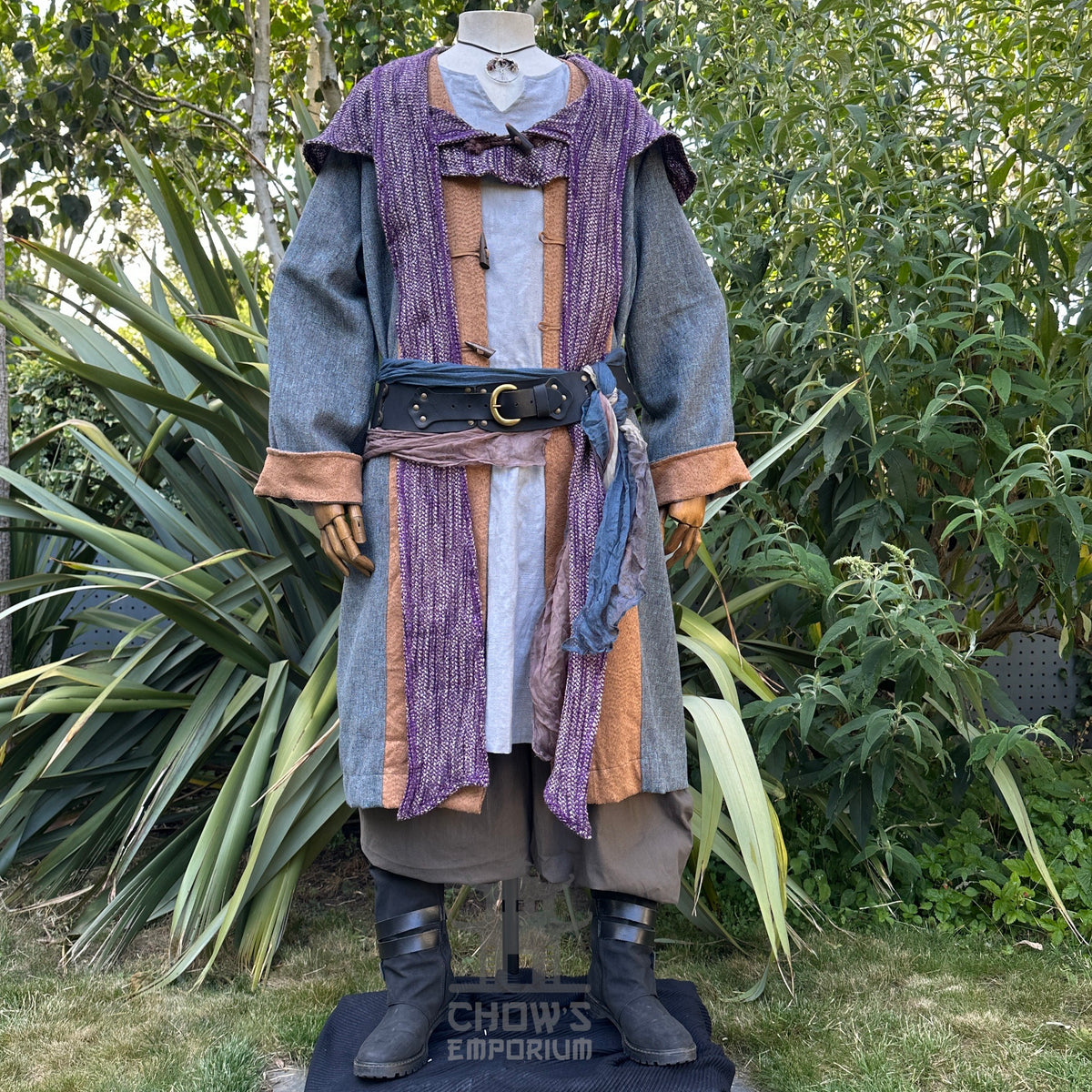 Medieval LARP outfit with blue robe, purple scarf, front.
